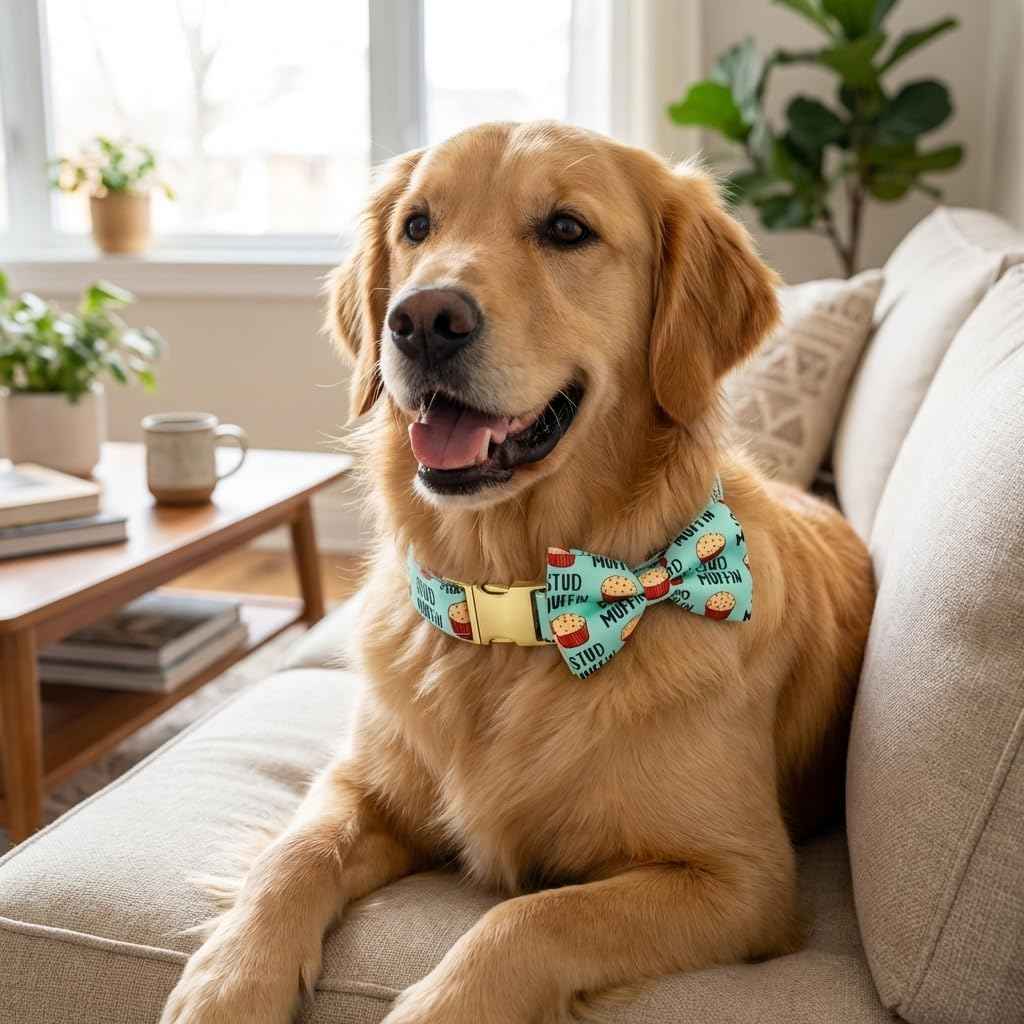 Stud Muffin Dog Bow Tie Dog Collar Accessory, Detachable Bowtie, Adjustable Collar for Small Medium Large Dogs