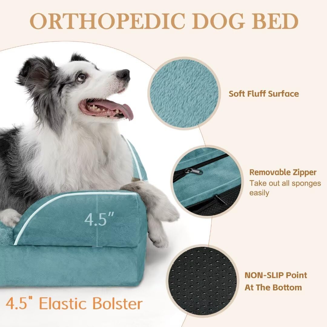 Comfort Expression Waterproof Large Dog Beds, Orthopedic Dog Beds for Large Dogs, Comfy Pet Bed Sofa with Washable Removable Cover & Non-Slip Bottom(Washed Blue)