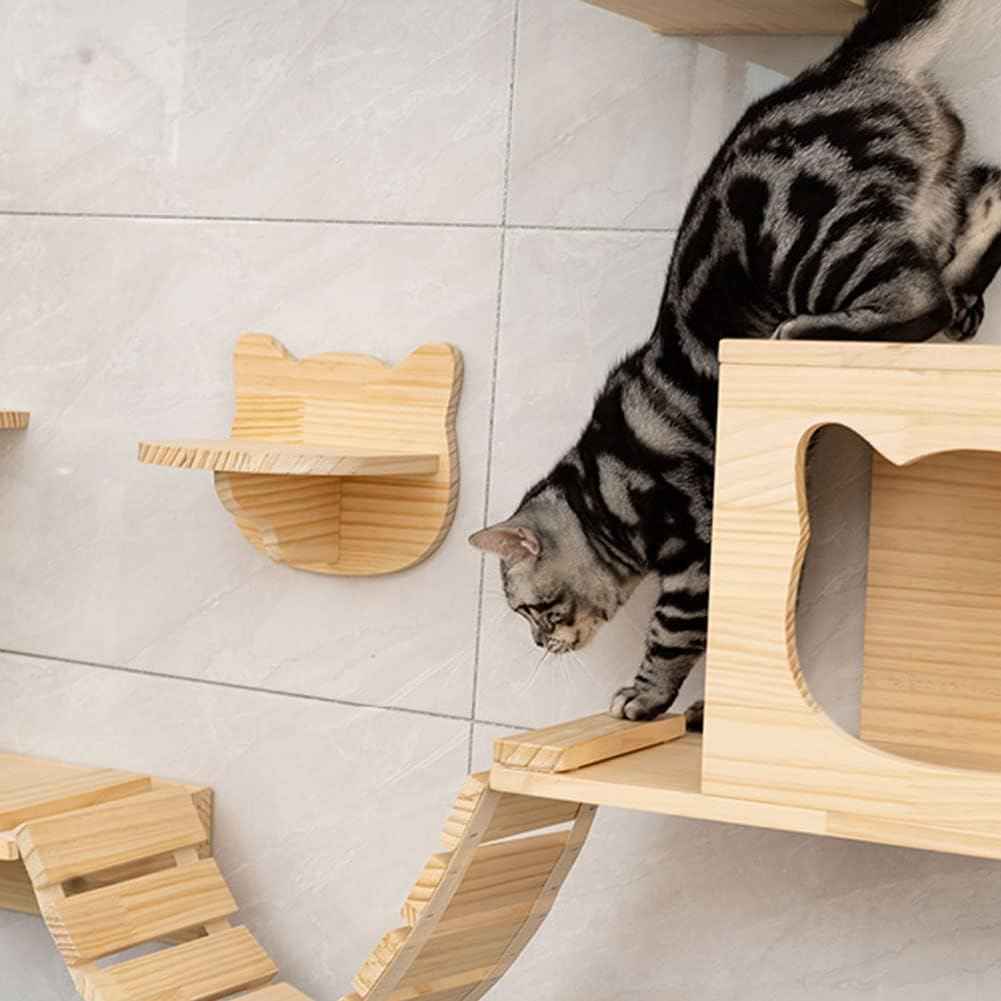 Wall Mounted Cat Bridge - 30.7" Wooden Cat Perch Ladder Hammock Cloud Shelf Activity Tree Furniture Kitty Climber Tower Condo