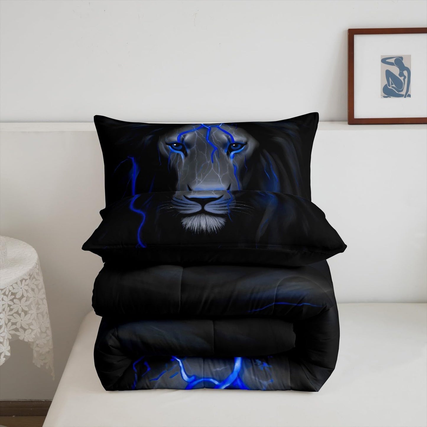 Erosebridal Boys Lion Bedding Set Full Black Blue Lightning Lion Comforter Set for Kids Teen Men Room Decor,Retro Safari Wildlfie Down Comforter African Wild Animal Quilt Duvet 3 Pcs