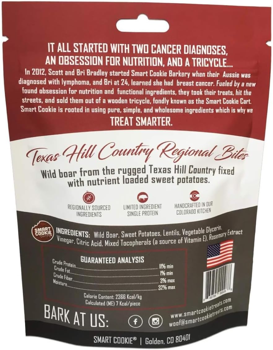 Smart Cookie All Natural Dog Treats - Wild Boar & Sweet Potato - Training Treats for Dogs with Allergies, Sensitive Stomachs - Soft Dog Treats, Chewy, Grain Free, Human-Grade, Made in USA - 5oz Bag