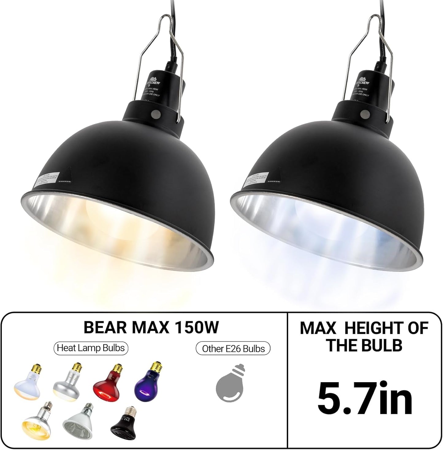 2 Pack Reptile Light Fixture, 8.5in Deep Dome Reptile Lamp Fixture, Optical Reflection Cover, Separate Switch & Hook, Terrarium Light Fixture for Reptile Heat Basking UVB Bulbs, 150W, Black