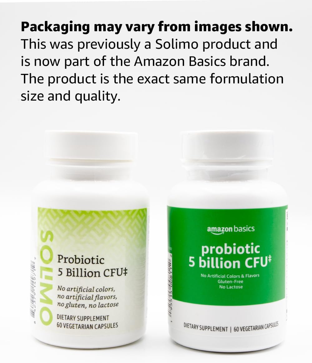 Amazon Basics - Probiotic, 5 Billion CFU, 8 Probiotic strains with 60 mg Prebiotic Blend, 60 Count Vegetarian Capsules, 2 Month Supply, Supports Healthy Digestion (Previously Solimo)