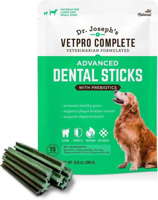 Dr. Joseph's Vetpro Complete Advanced Dental Sticks with Prebiotics, 15 Sticks, Cleans Teeth, Freshens Bad Breath, and Supports Gut Health, Target Tartar and Plaque Build Up, Veterinarian Formulated