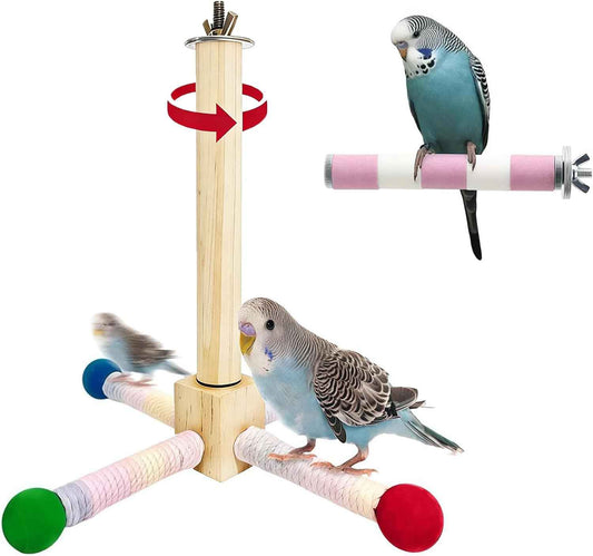 Bird Stand Perch Toy, Bird Perch Parrot Toy 360° Interactive Rotating Perch with Parrot Perch Paw Grinding Stick Natural Wooden Spinning Toy for Parakeets Cockatiels Lovebirds Finches Conures
