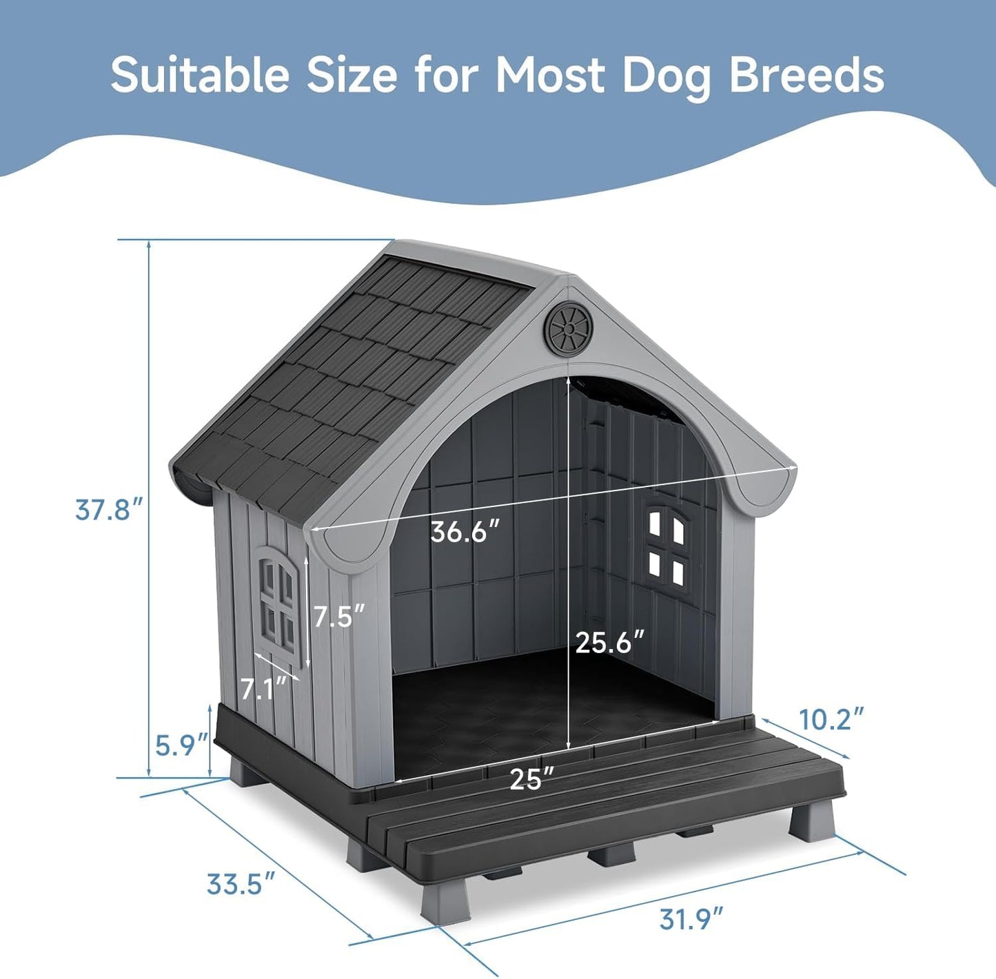 Dog House Outdoor Indoor Waterproof, Plastic Large Dog House with Elevated Floor and Air Vents, Sturdy Puppy Shelter for Large Medium Dog, Easy to Assemble, (Black 38×37×33 Inches)
