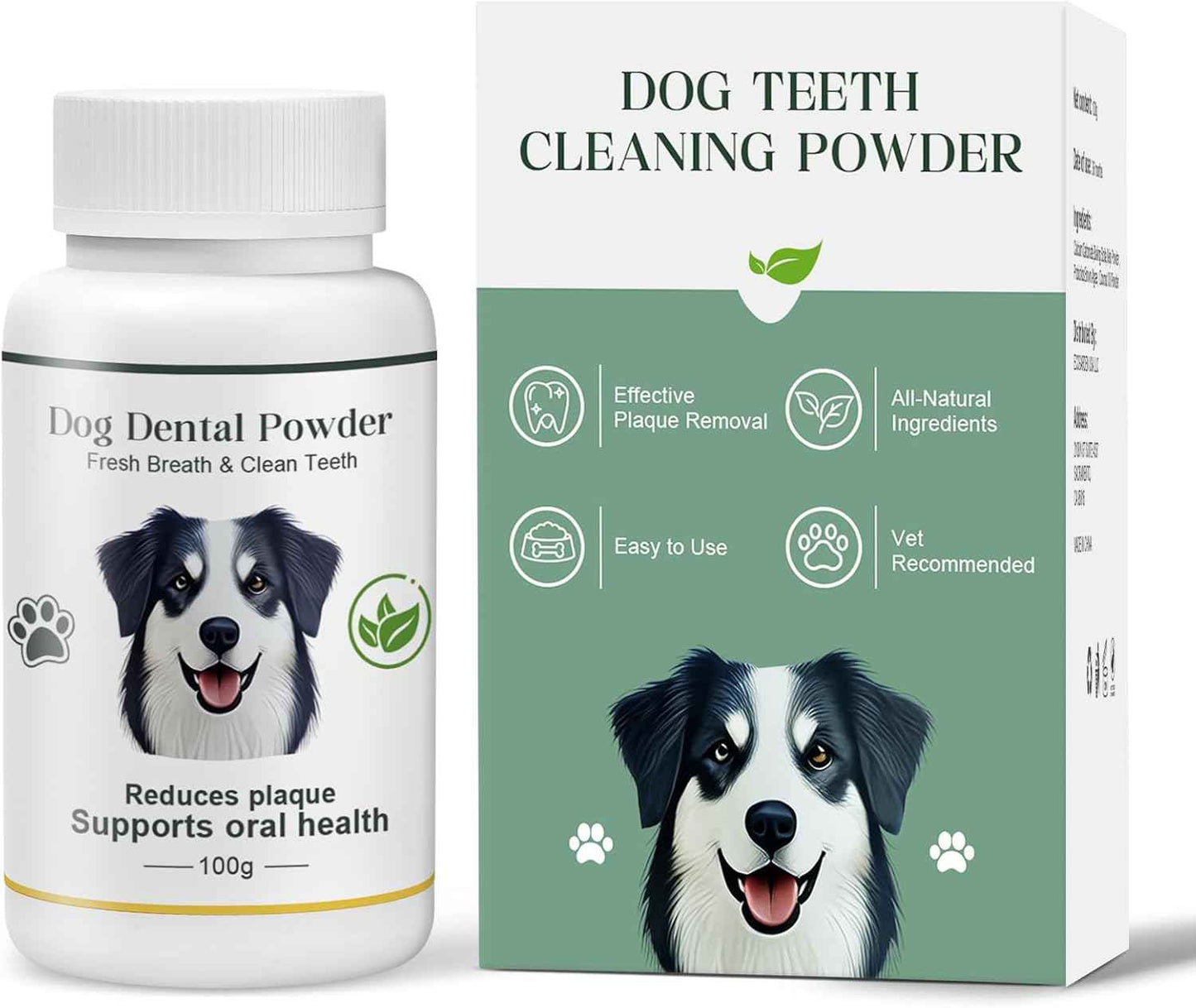 Dog Teeth Cleaning Powder 100g Fights Plaque & Tartar Freshens Breath All-Natural Ingredients for Dogs of All Breeds and Ages Easy to Use Dog Dental Powder