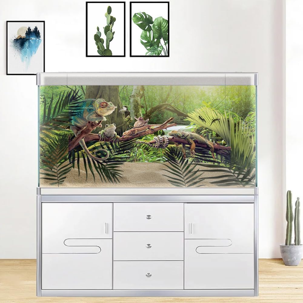 36X18IN Natural Green Forest Tree Background Reptile Habitat Terrarium Background, Tropical Forest Decor Aquarium Background, with 10 EVA Double-Sided