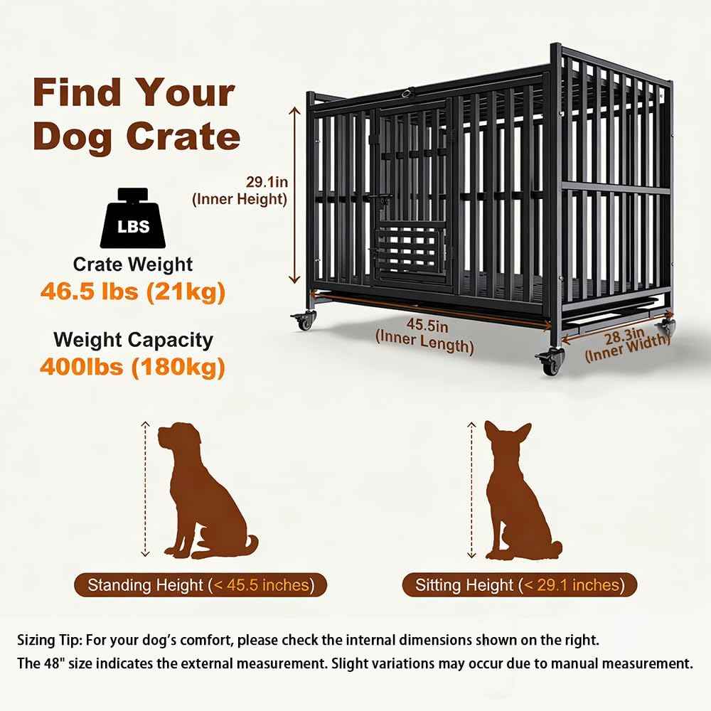 Heavy Duty Dog Crate, Reinforced Thickened Steel Frame Indestructible Kennel for Large & High Anxiety Dogs, Escape Proof Design with 3 Doors, 4 Lockable Wheels and 2 Removable Trays (48 Inch)
