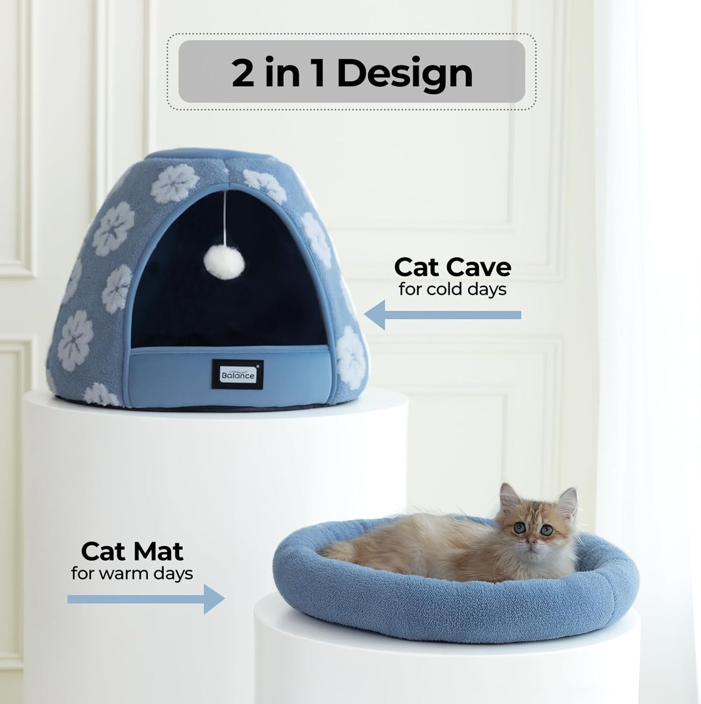 BALANCE Cat Beds for Indoor Cats, 2-in-1 Cat Bed Cave with Anti-Slip Bottom and Ultra-Soft Plush, Cozy Cats House Tent for Kittens and Small Dogs, 19 Inches, Blue