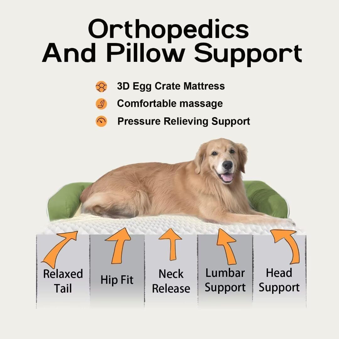 Large Dog Bed Orthopedic Washable - Beds Bolster - Extra Large Big Dogs - Memory Foam Couch Sofa - Waterproof with Removable Cover - Grass Green Dog Bed