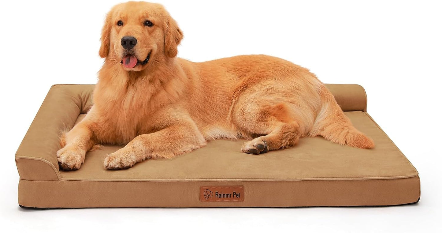 Upgraded Large Dog Bed, 3" Memory Foam with Waterproof Liner, Chew Resistant Microsuede Cover, Removable and Washable, for Indoor, Outdoor, and Car Use, Nonskid Base, 44x32 Inches XXL Khaki
