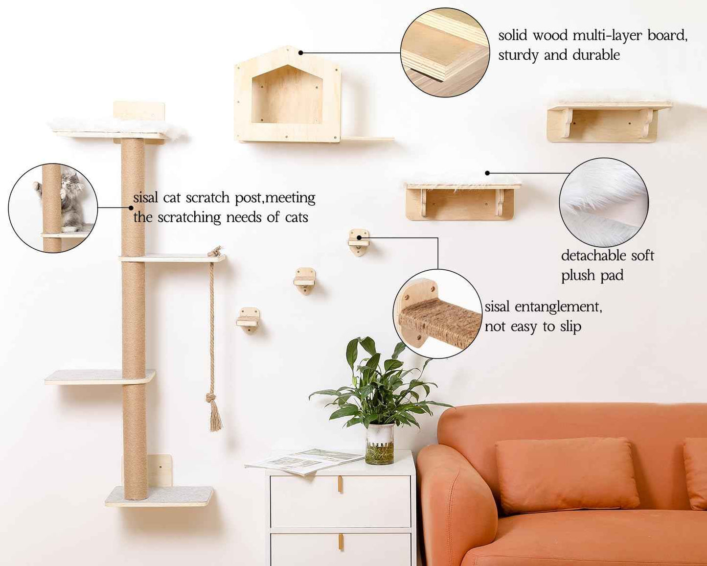 Cat Wall Shelves, Wood Wall Mounted Cat Furniture with 4 Tier Cat Tree,1 Cat Wall House,2 Cat Perches and 3 Wall Steps,Climbing Cat Shelves for Wall Large Cats Set