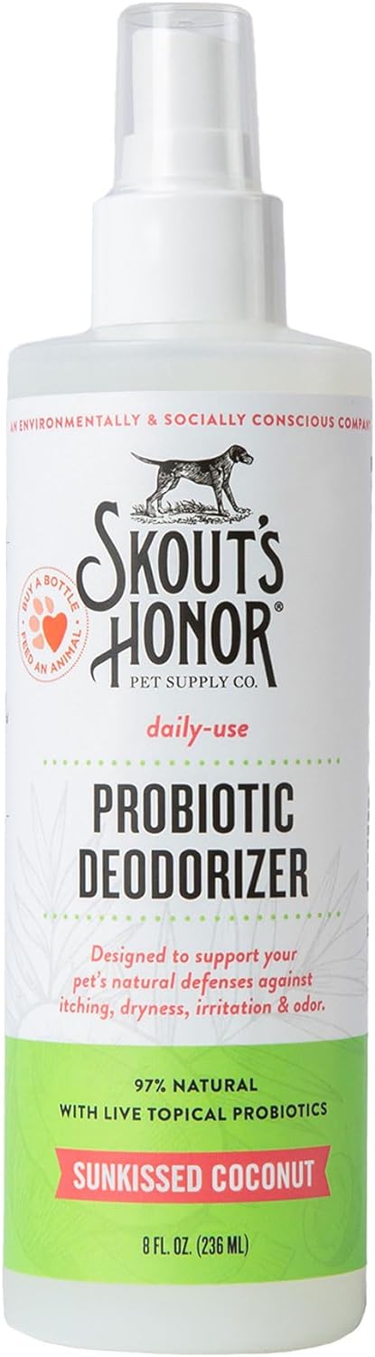 SKOUT'S HONOR Probiotic Pet Deodorizer Spray- Hydrating Daily-Use with Avocado Oil & Omega-3s, Microbiome Friendly Certiified, Paraben & Sulfate-Free, 97% Natural, 8oz, Sunkissed Coconut