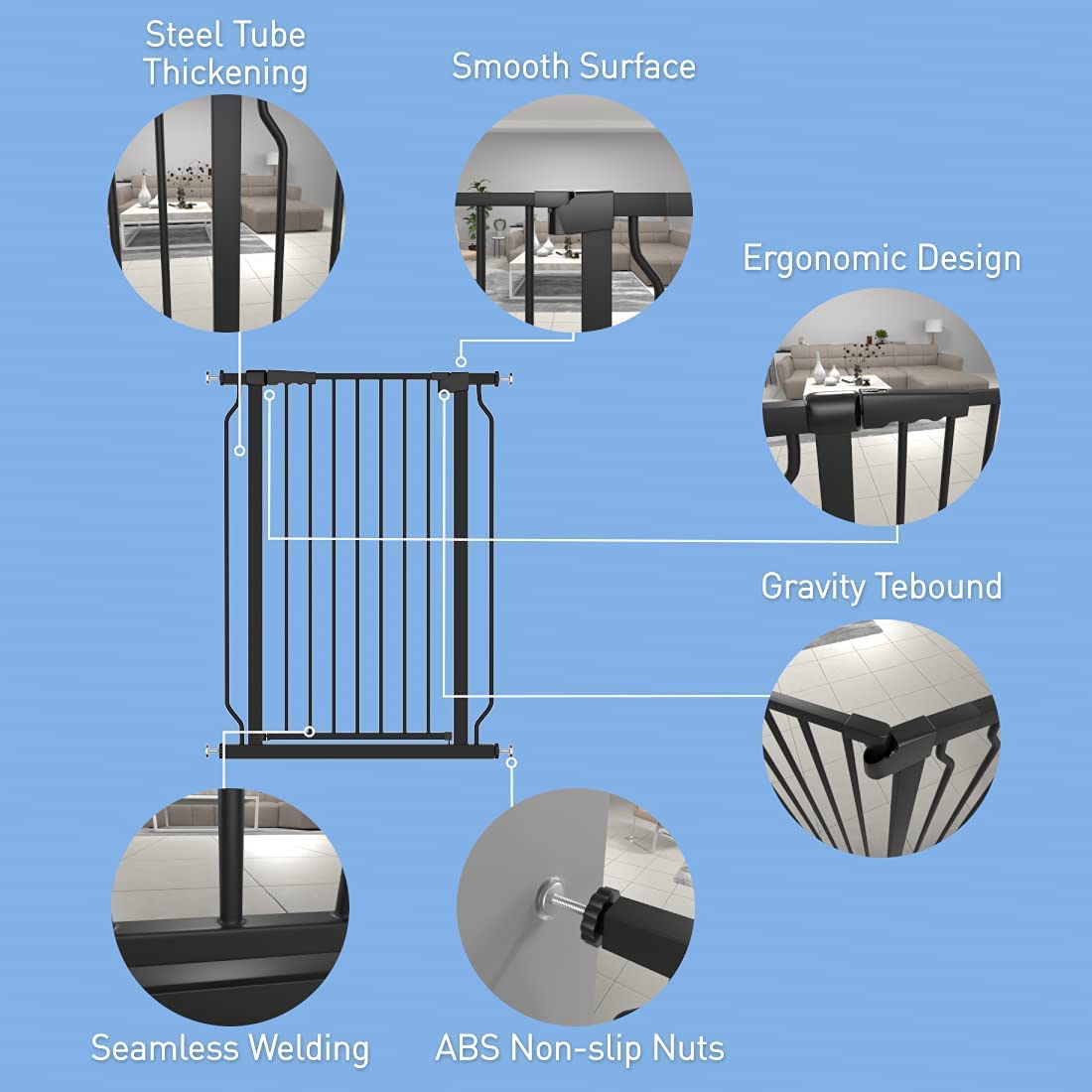 WAOWAO Extra Tall 40.55" Baby Gate 29.92-46.85" Wide Pressure Mounted Walk Through Swing Auto Close Safety Black Metal Toddler Child Dog Pet for Indoor Stairs,Doorways,Kitchen