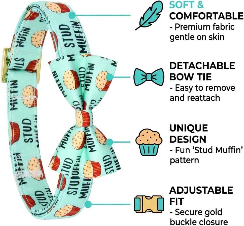 Stud Muffin Dog Bow Tie Dog Collar Accessory, Detachable Bowtie, Adjustable Collar for Small Medium Large Dogs