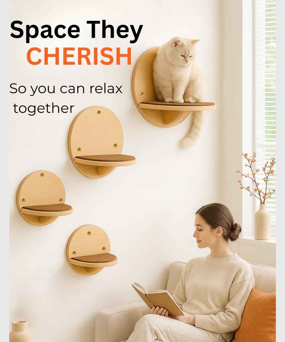 Cat Wall Shelves - Set of 4 Round Floating Wall Steps Scratch Pads, up to 20Lbs. Saving-Space Decorative Wall-Mounted Cat Furniture for Climbing, Playing & Resting - Solid Natural Wood by INSTINTO