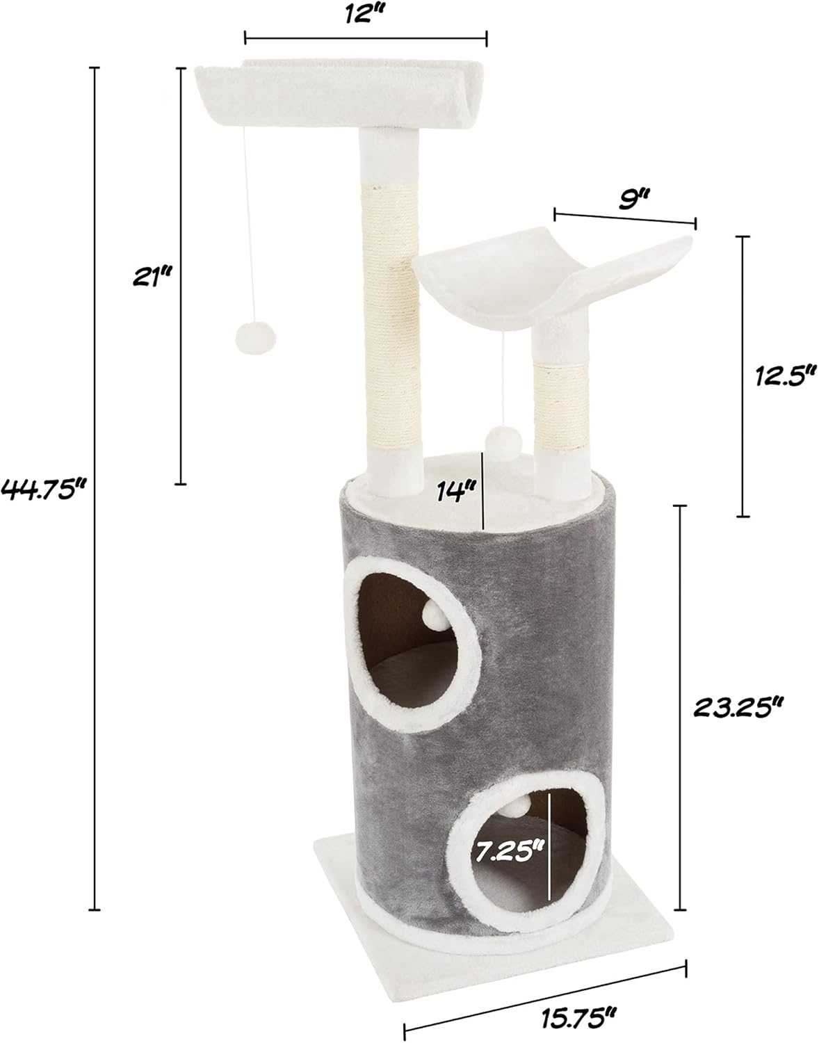 45in Cat Tree with Napping Perches, 2 Story Cat Condo, Cat Scratching Posts, and Hanging Toys - Cat Tower for Indoor Cats by PETMAKER (Gray)
