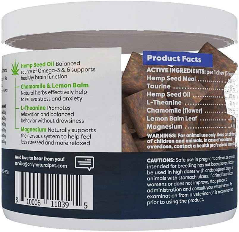 Only Natural Pet - Natural Hemp Soft Chew Bites for Dog Stress & Anxiety Relief - L-Theanine, Chamomile & Lemon Balm - Calming Chews for Dogs - 60 Count