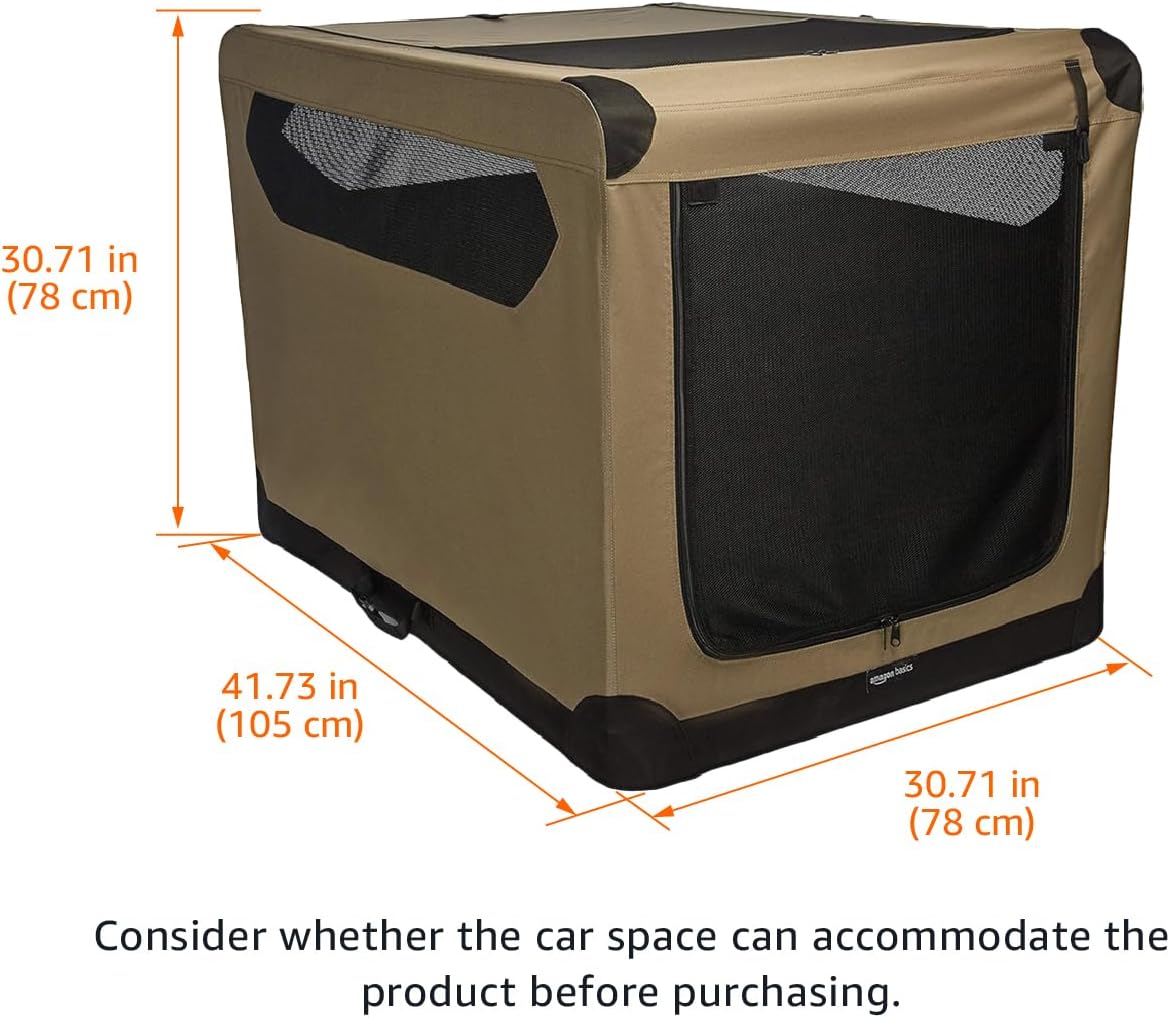 Amazon Basics Dog Crate, Travel Dog Kennel Double Door Collapsible, Lightweight Soft-Sided Folding, Portable Dog Cage, XL 42" x 31" x 31", Tan