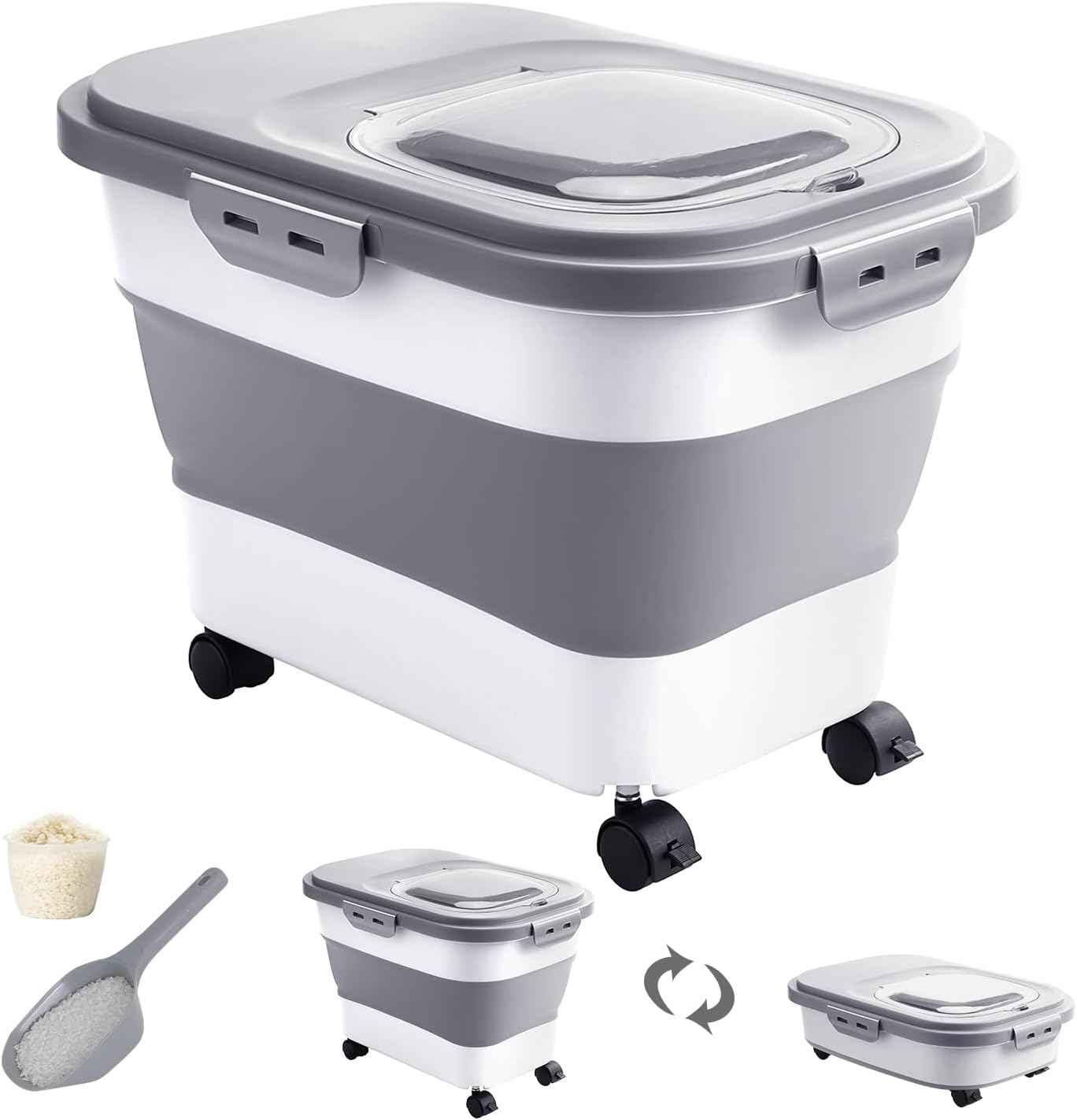 20-30 Lbs Rice Storage Container,Collapsible Food Storage Containers with Rolling Wheel Airtight Locking Lid,Flour Storage Container with Cup and Scoop,Suitable for Food,Rice,Pet Food,Flour