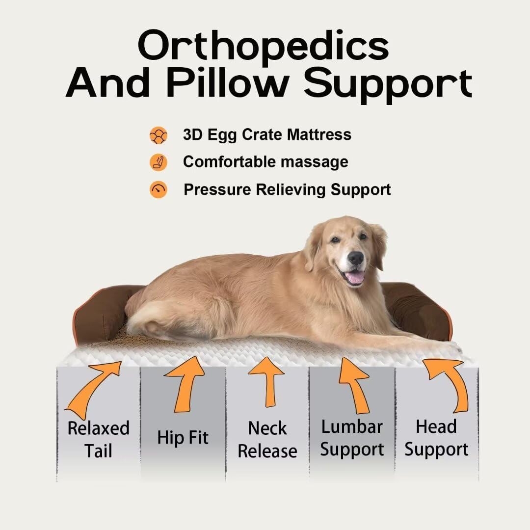 Large Dog Bed Orthopedic Washable - Beds Bolster - Waterproof with Removable Cover - Extra XL XLarge Big Dogs - Memory Foam Couch Sofa - Coffee Dog Bed