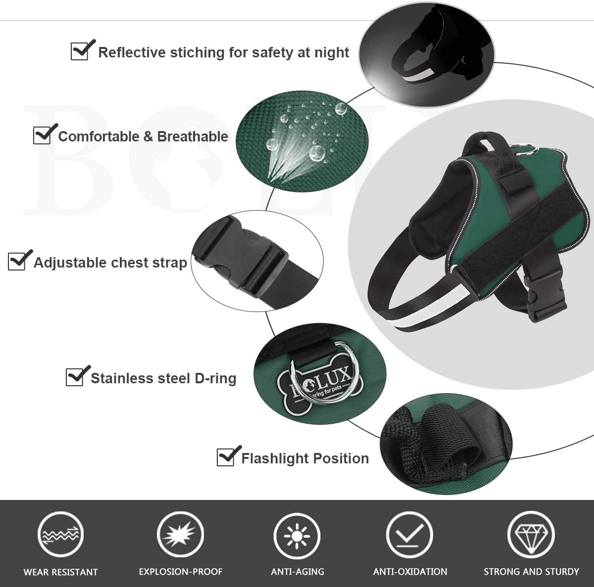 Bolux Dog Harness, No-Pull Reflective Dog Vest, Breathable Adjustable Pet Harness with Handle for Outdoor Walking - No More Pulling, Tugging or Choking (Dark Green, L)