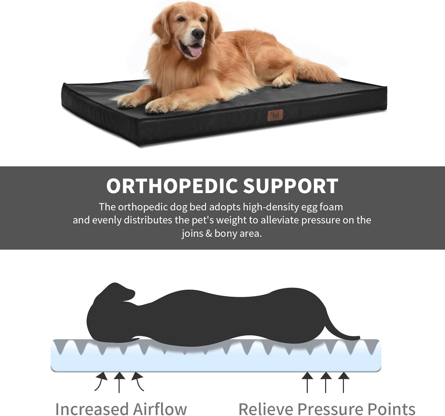 Outdoor Dog Bed for Medium Dogs, Waterproof Dog Crate Bed for Puppy Beds, Orthopedic Egg Crate Foam Pet Bed with Washable and Removable Oxford Cover, Black