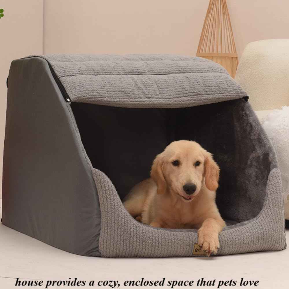 Soft Plush Covered Dog Cave Bed - Large Size for Indoor Use, with Fluffy Washable Cushion, Portable Pet Tent House Suitable for Dogs & Cats(Gray,23.62''X15.75''X17.72'')