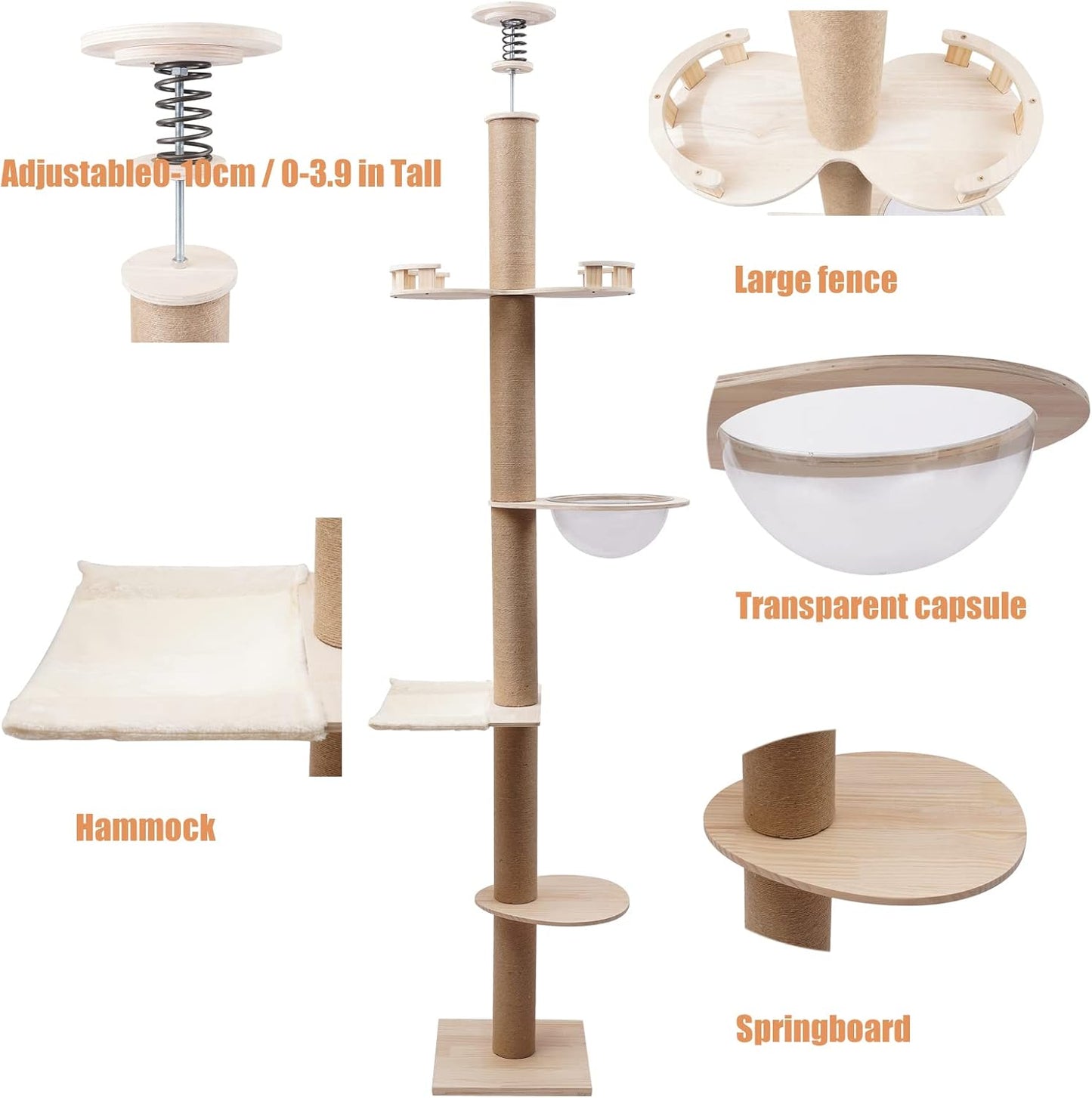 4 Tier Floor-to-Ceiling Cat Tree, Adjustable Height Cat Climbing Tower Set with Space Capsule, Hammock, Cats Scratching Post Climbing Shelves for Cats to Jump Scratch Sleep Play, 100.4-104.3inch H