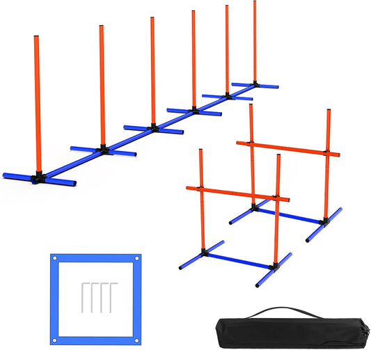 Dog Agility Training Equipment, 4-Sets Adjustable Dog Jumps & Hurdles Set for Backyard, Outdoor Dog Obstacle Course Training Starter Kit with Weave Poles, Pause Box & Carrying Bag for Large Small Dogs