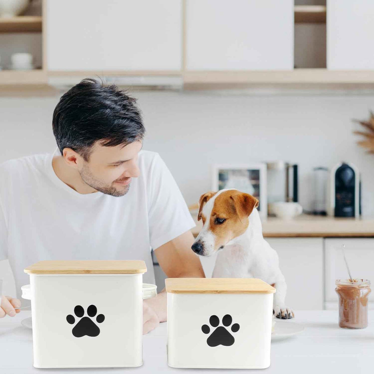 Dog Food Storage Container, 2 Metal Buckets with Bamboo Lids Dog Treat Container for Kitchen Countertop & Pantry Organization, Airtight Pet Food Canister Bin for Small Pets & Farmhouse Decor
