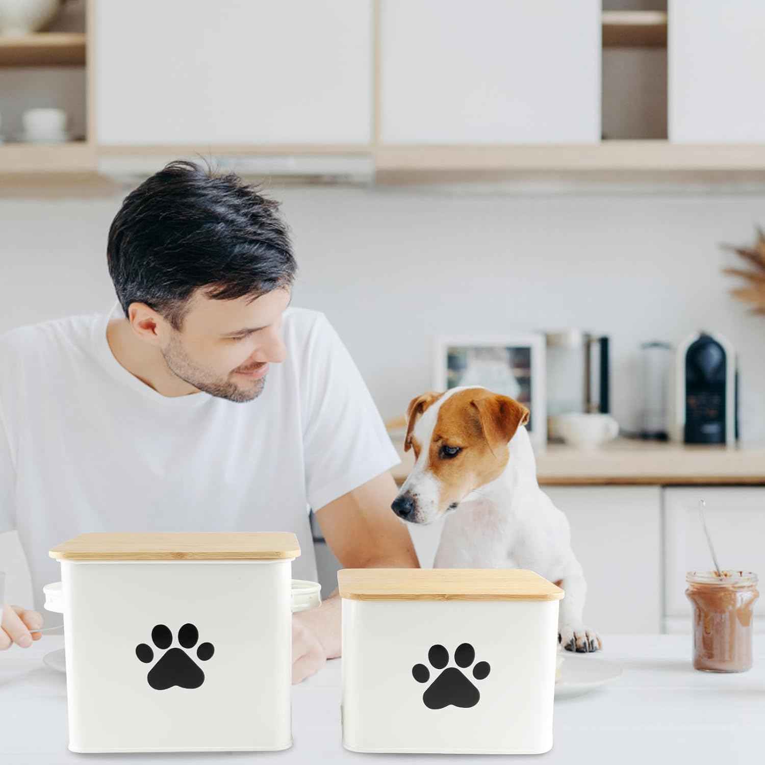Dog Food Storage Container, 2 Metal Buckets with Bamboo Lids Dog Treat Container for Kitchen Countertop & Pantry Organization, Airtight Pet Food Canister Bin for Small Pets & Farmhouse Decor