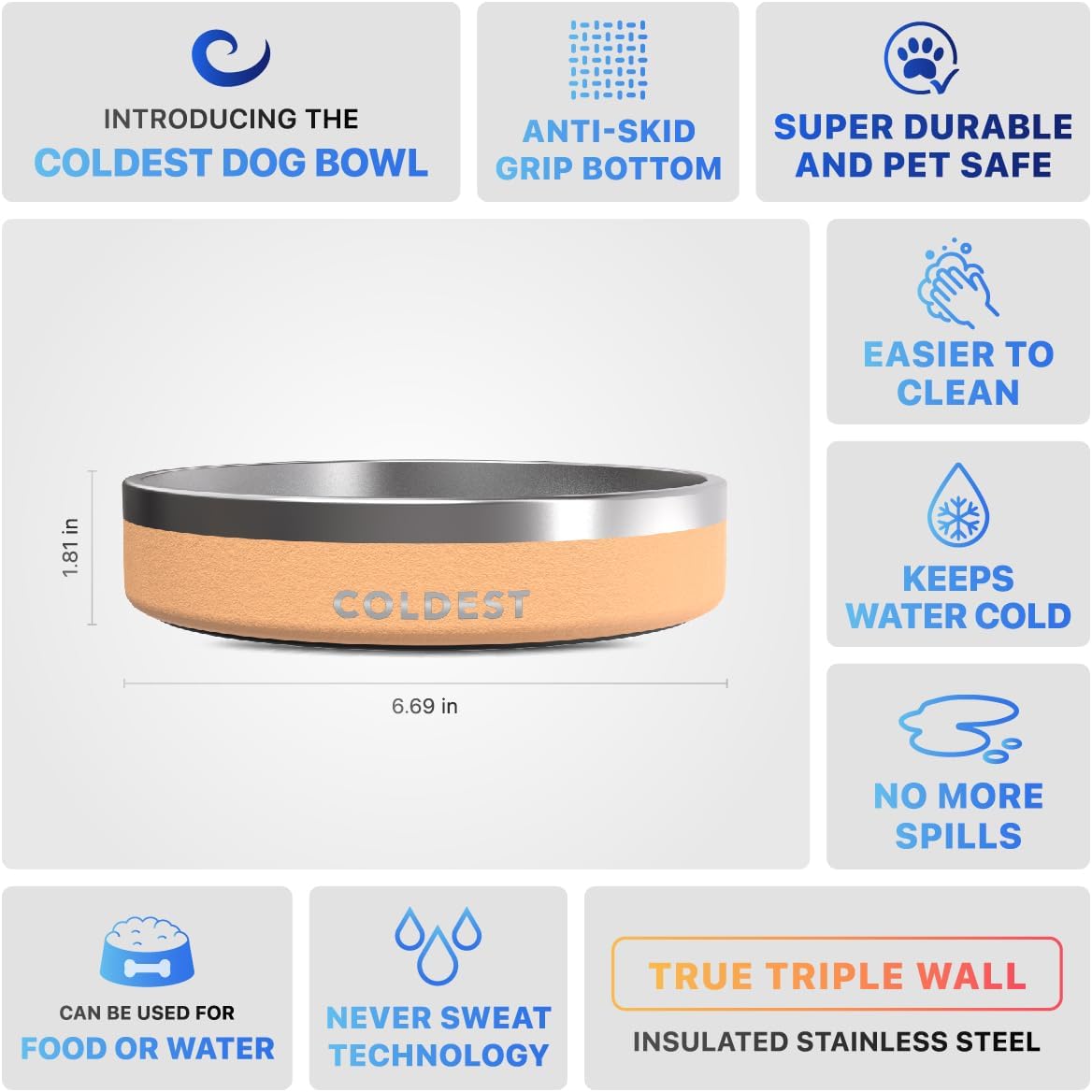 Coldest Dog Bowl - Anti Rust Metal, Non Slip, 3 Layers Insulated Stainless Steel Dog Bowls - Spill Proof & Heavy Duty - Water Bowl for Dogs, Cats & Pets, Dish Washer Safe (21 oz, Sahara Tan)
