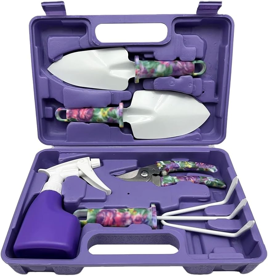 Garden Tool Set Floral Print Stainless Steel Heavy Duty Gardening Tools, Trowel Rake Weeder Pruner Shears Sprayer Gloves&Carrying Case, Ideal Gardening Gifts for Women Father(Purple 5-Piece Set)