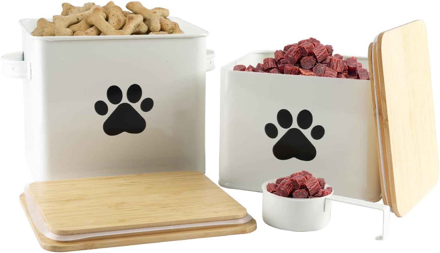 Dog Food Storage Container, 2 Metal Buckets with Bamboo Lids Dog Treat Container for Kitchen Countertop & Pantry Organization, Airtight Pet Food Canister Bin for Small Pets & Farmhouse Decor
