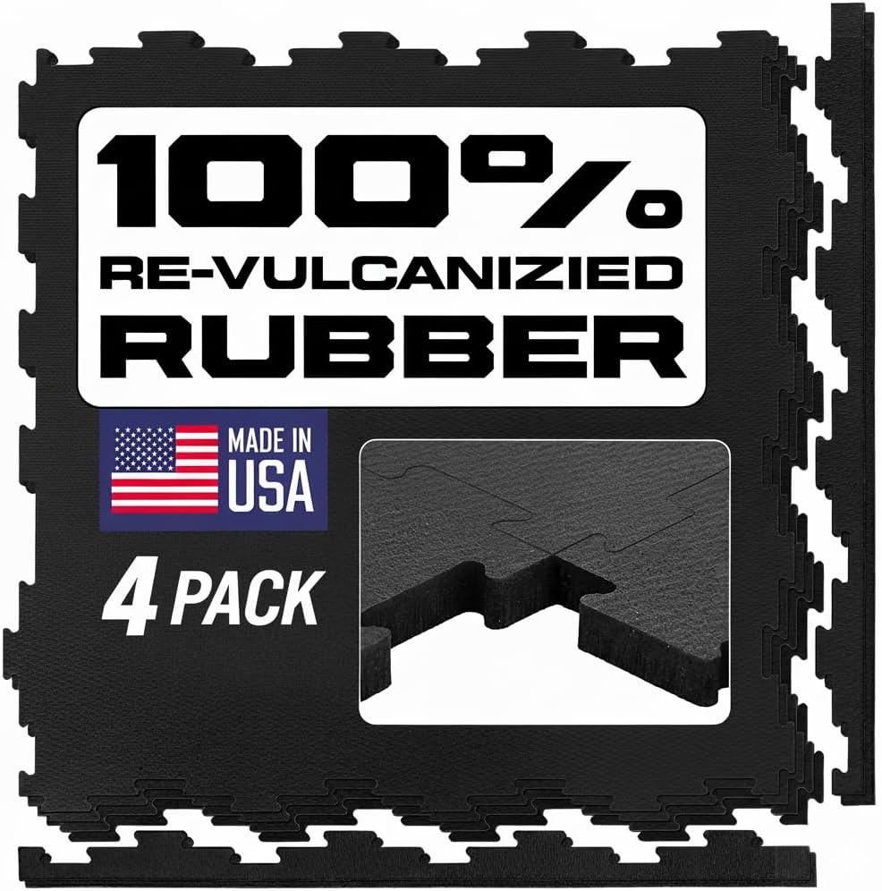 Interlocking Rubber Floor Tiles 4-Pack 1/2" Thick – Heavy Duty 100% Rubber Flooring for Home Gym, Garage, Workout Room, Equipment Mats, Indoor/Outdoor, 22.5” x 22.5”