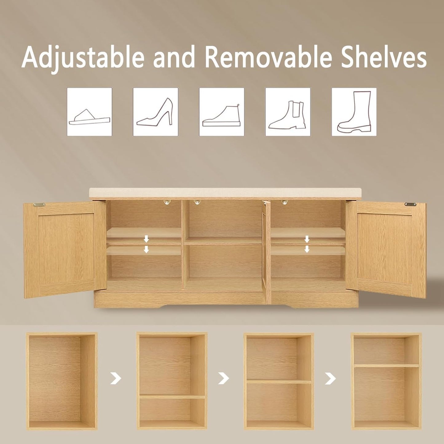 DINZI LVJ Shoe Bench, Entryway Storage Bench with Doors, Cushion, 2-Tier Shoe Rack with 6-Cubby, 39.4”L x 13.8”W Shoe Organizer Cabinet, Adjustable Shelf, Living Room, Bedroom, Natural