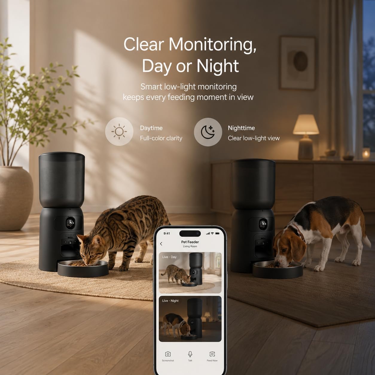 Smart Pet Feeder with 2K Dual Camera & AI Recognition, 6L Automatic Cat Dog Feeder with App Control, 2.4G/5G WiFi, Voice Message, Pet Interaction, Motion Tracking, No Clog, Dual Power, for Multi-Pet