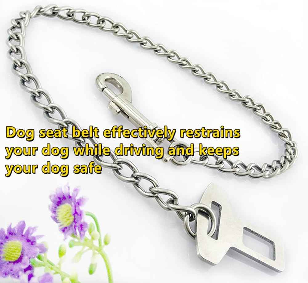 Stainless Steel No chew Dog Car Seat Belt, Stainless Steel Dog Car Seat Belt Vehicle Travel Dog Harness Dog Chain Pet Vehicle Safety Restraint Cable for Puppy Small Medium Large Dogs(60cm)