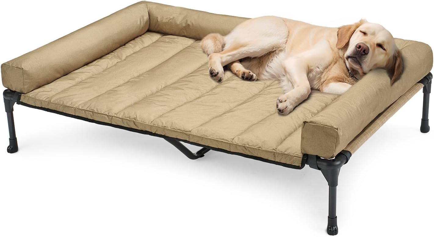 Veehoo Cooling Elevated Dog Bed Add Removable Waterproof Bolster Cushion Mat, Raised Pet Cot with Breathable Teslin Mesh, No-Slip Feet, Dog Couch Bed for Indoor Outdoor, 49x33inches, Beige, CWC2331B