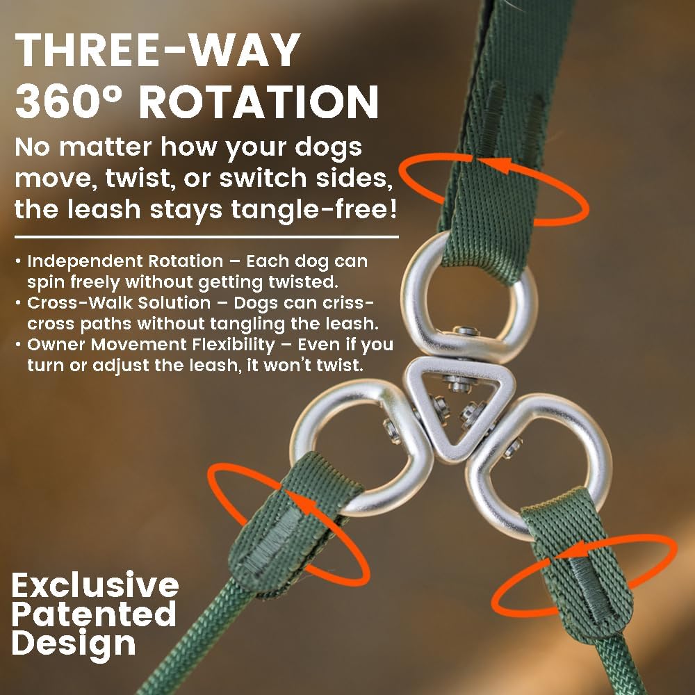 Howgo Double Slip Leash Slip Lead with Two Handles| Dual Dog Slip Lead for 2 Dogs,360° Swivel No Tangle | Dog Training Collar | Double Clip Leash Coupler and Splitter (Green, 6FT)