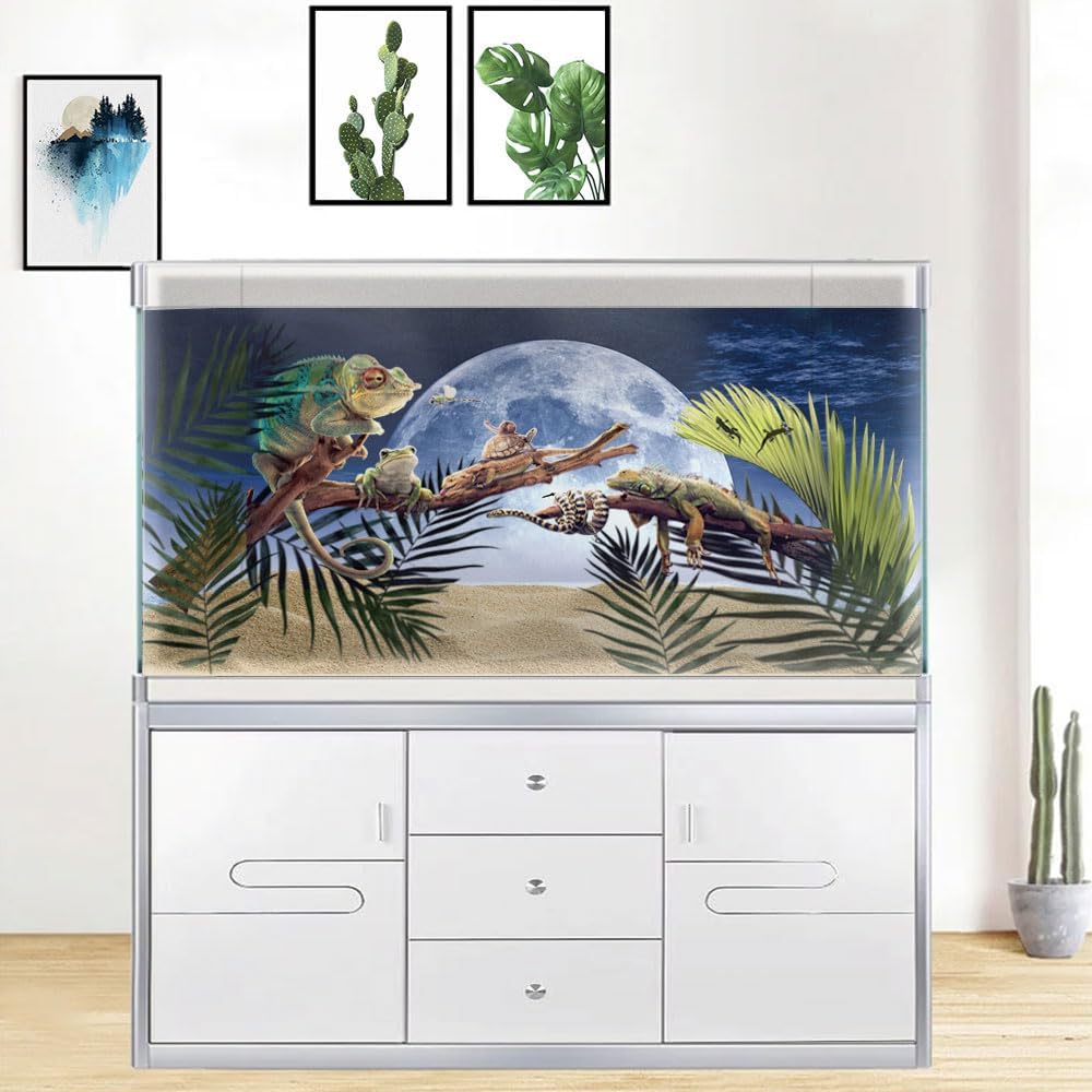 Moon Aquarium Background,Cool Sea Galaxy Parallel Space Themed Fish Tank Background, Cool Terrarium Background 48X20IN with 8 EVA Double-Sided Tape