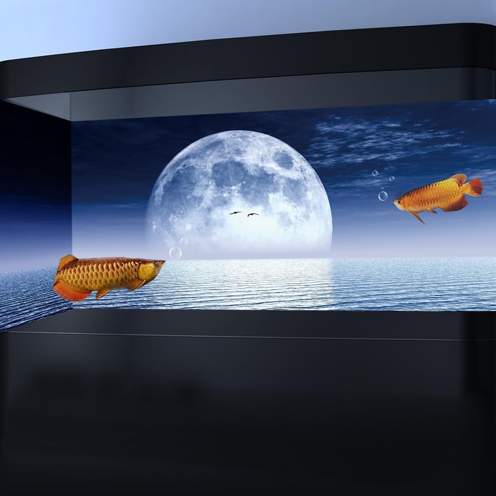 Moon Aquarium Background,Cool Sea Galaxy Parallel Space Themed Fish Tank Background, Cool Terrarium Background 48X20IN with 8 EVA Double-Sided Tape