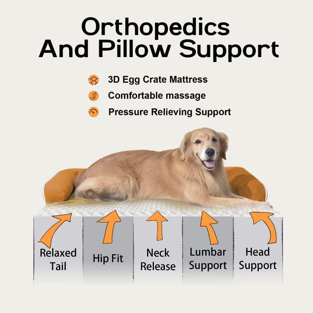 Large Dog Bed Orthopedic Washable, Orthopedic Dog Beds for Large Dogs, Washable Cover Removable Bolster and Non-Slip Bottom Pet Beds, XL XLarge Extra Large Dogs - Orange