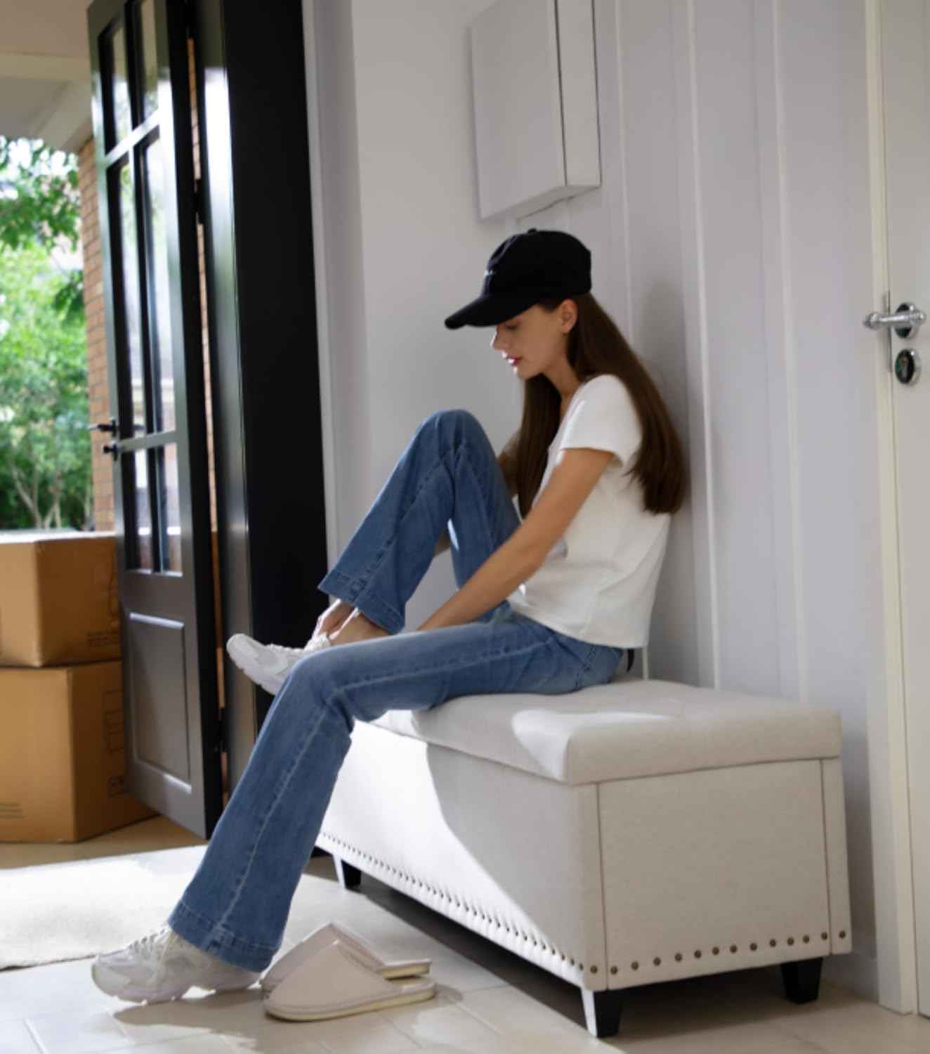 Tbfit Ottoman with Storage, 50.8" Upholstered Button Tufted End of Bed Bench with Safety Hinge & Rivets, Large Entryway Bench, Foot Rest Stool for Bedroom, Living Room (Beige)