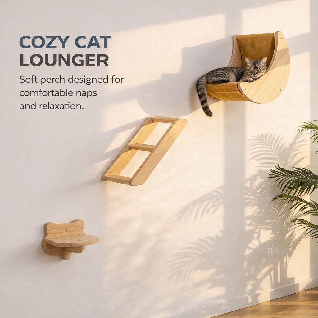 Cat Wall Shelves Set – Solid Wood Cat Wall Furniture with Moon Bed & Ladder, Wall Mounted Climbing Shelves for Indoor Cats, Space Saving Cat Gym Wall System (3pcs/Set)