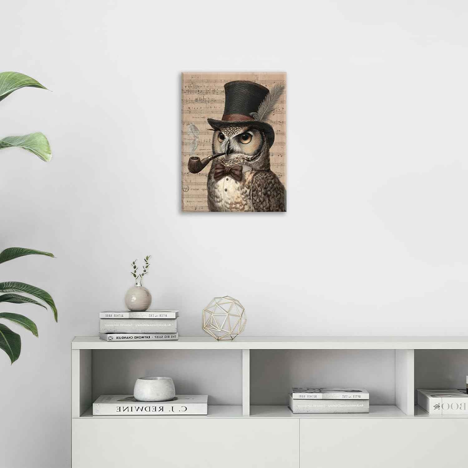 Owl Pictures Wall Art, Steampunk Owl Canvas Wall Decor, Rustic Framed Painting, Natural Landscape Artwork for Bathroom Living Room Bedroom 16L'' × 12W''