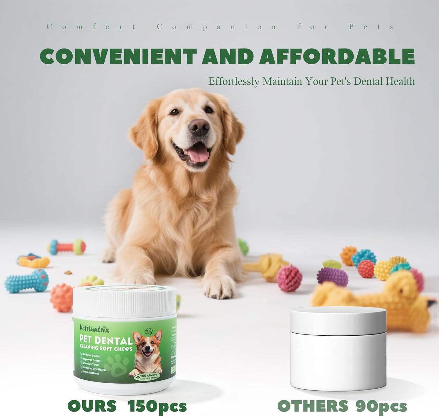 Dog Dental Chews, Dog Teeth Cleaning Soft Chews for Fresh Breath, Plaque & Tartar Control, Dental Care for Dogs with Natural Enzymes and Probiotics