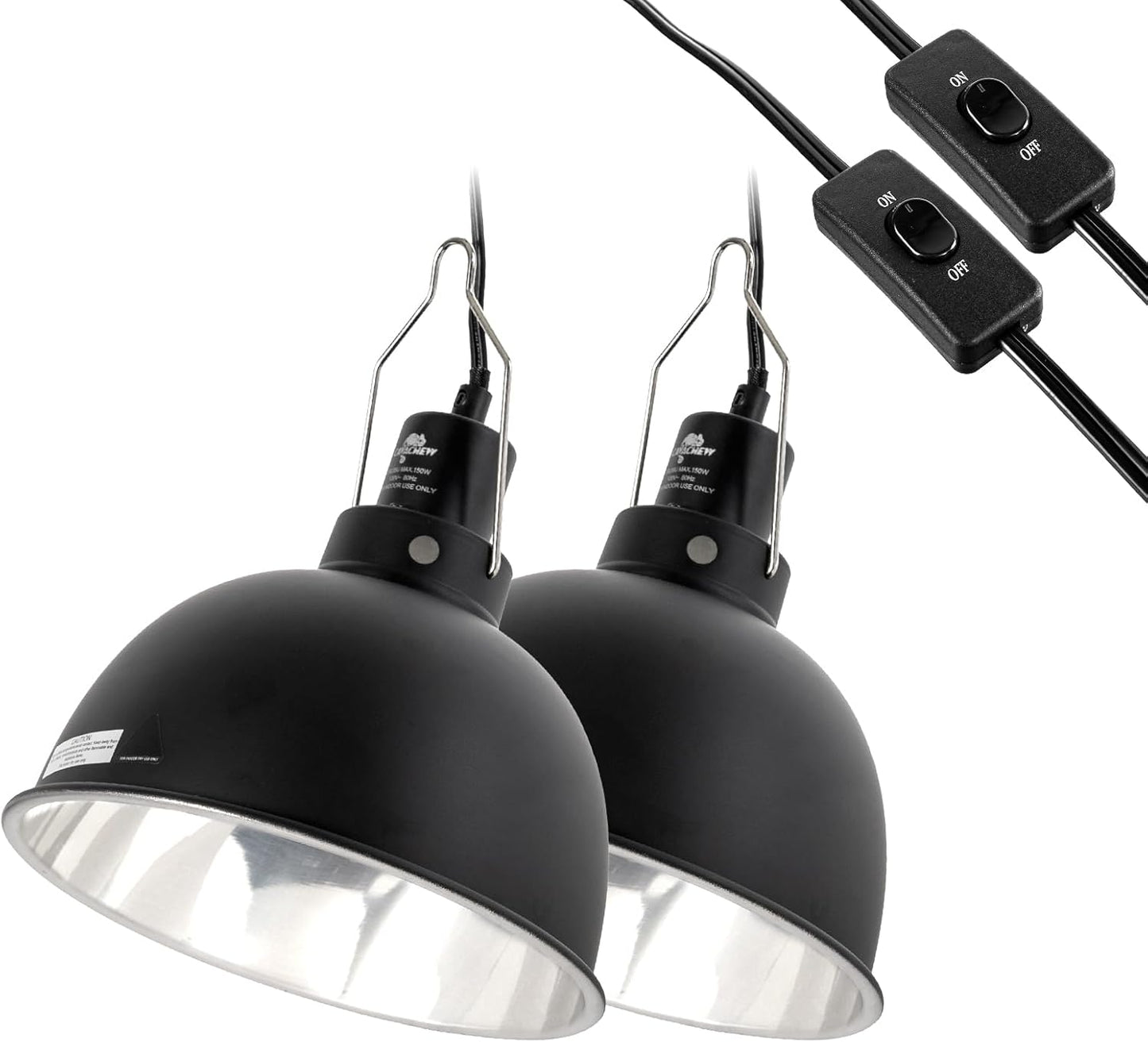 2 Pack Reptile Light Fixture, 8.5in Deep Dome Reptile Lamp Fixture, Optical Reflection Cover, Separate Switch & Hook, Terrarium Light Fixture for Reptile Heat Basking UVB Bulbs, 150W, Black